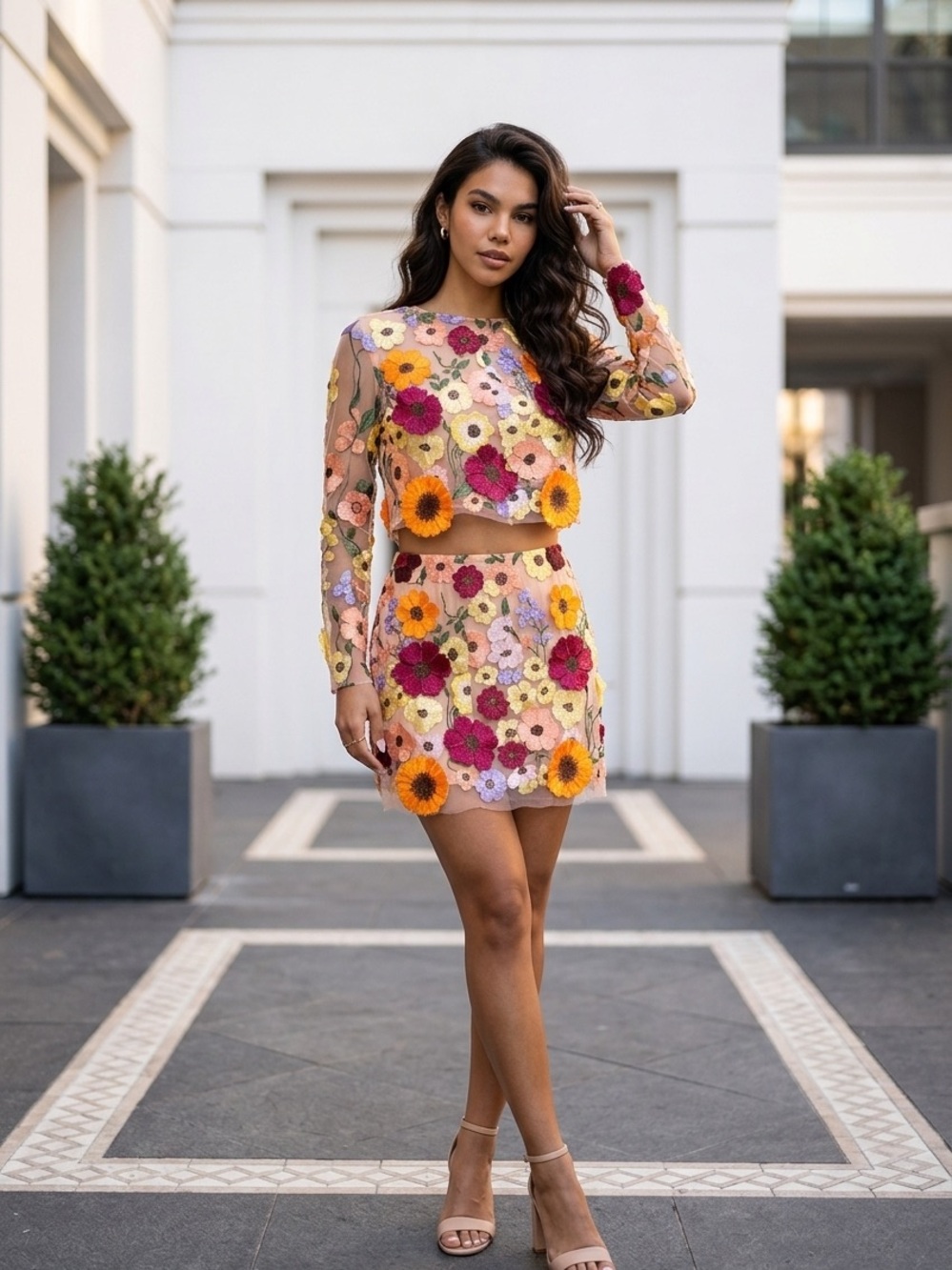 Floral Appliqué Sheer Top and Mini Skirt in Multicolor